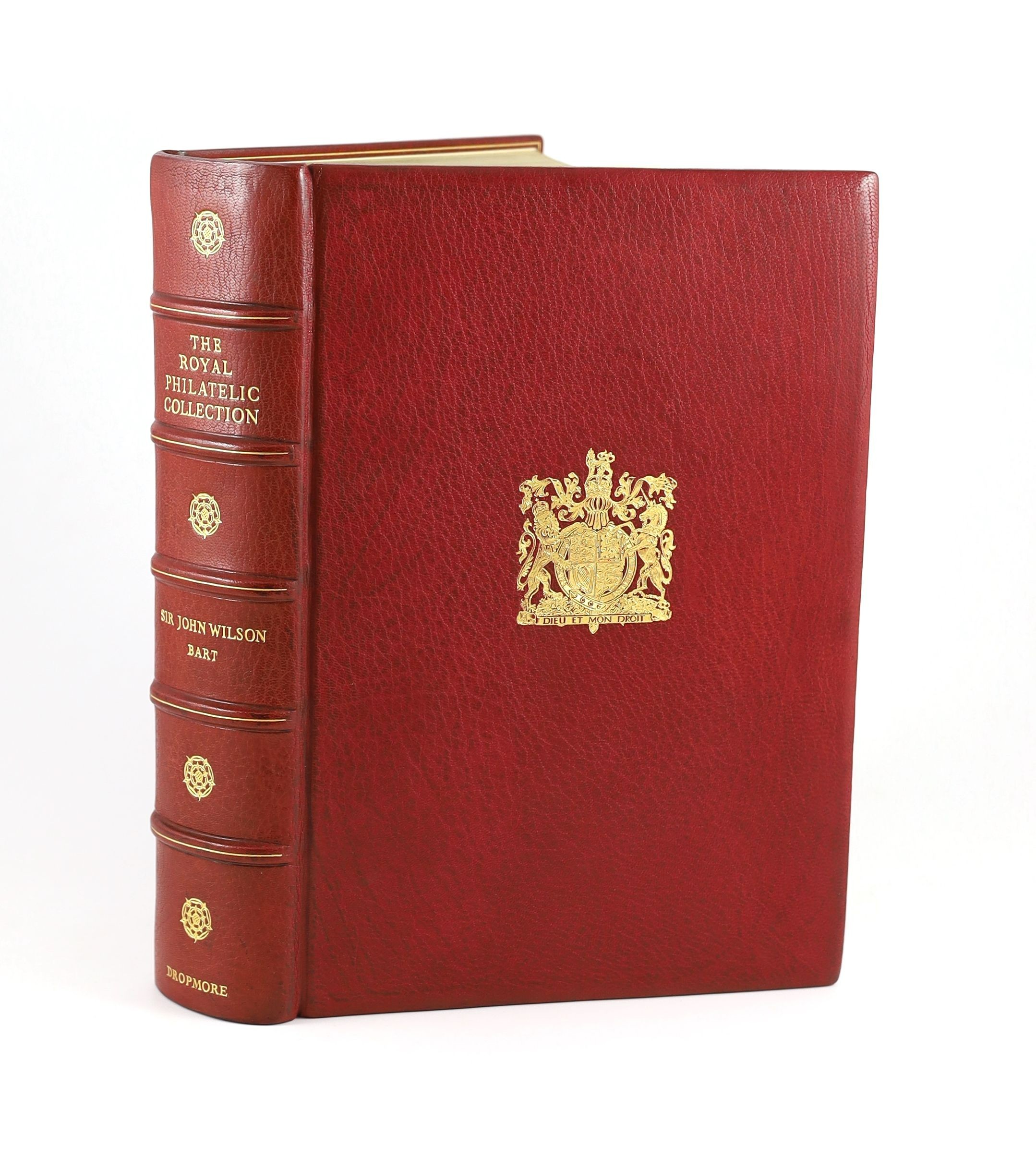 Wilson, Sir John - The Royal Philatelic Collection, with frontis portrait of King George VI, folio, crushed red morocco, with gilt Royal Coat of Arms, with 60 plates of which 12 are in colour, Viscount Kemsley at the Dro
